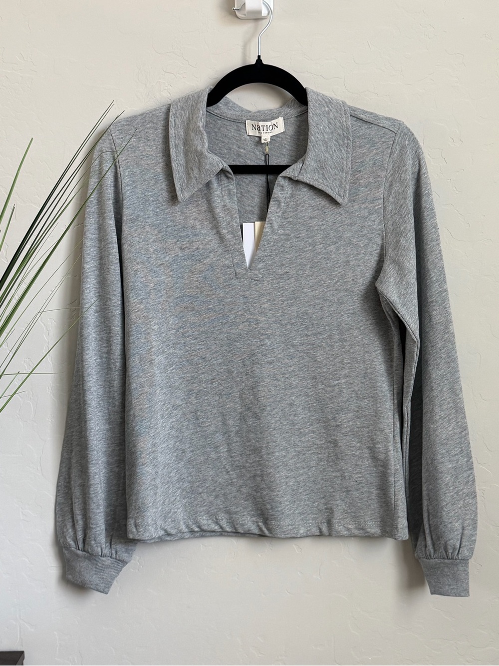 Nation LTD Kimberley Polo Tee Gray Long Sleeve Collared Top NWT S